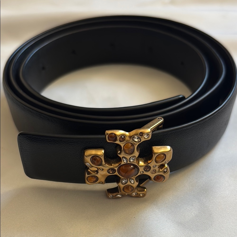Tory Burch 1" Embellished Eleanor Leather Belt, Color:Black